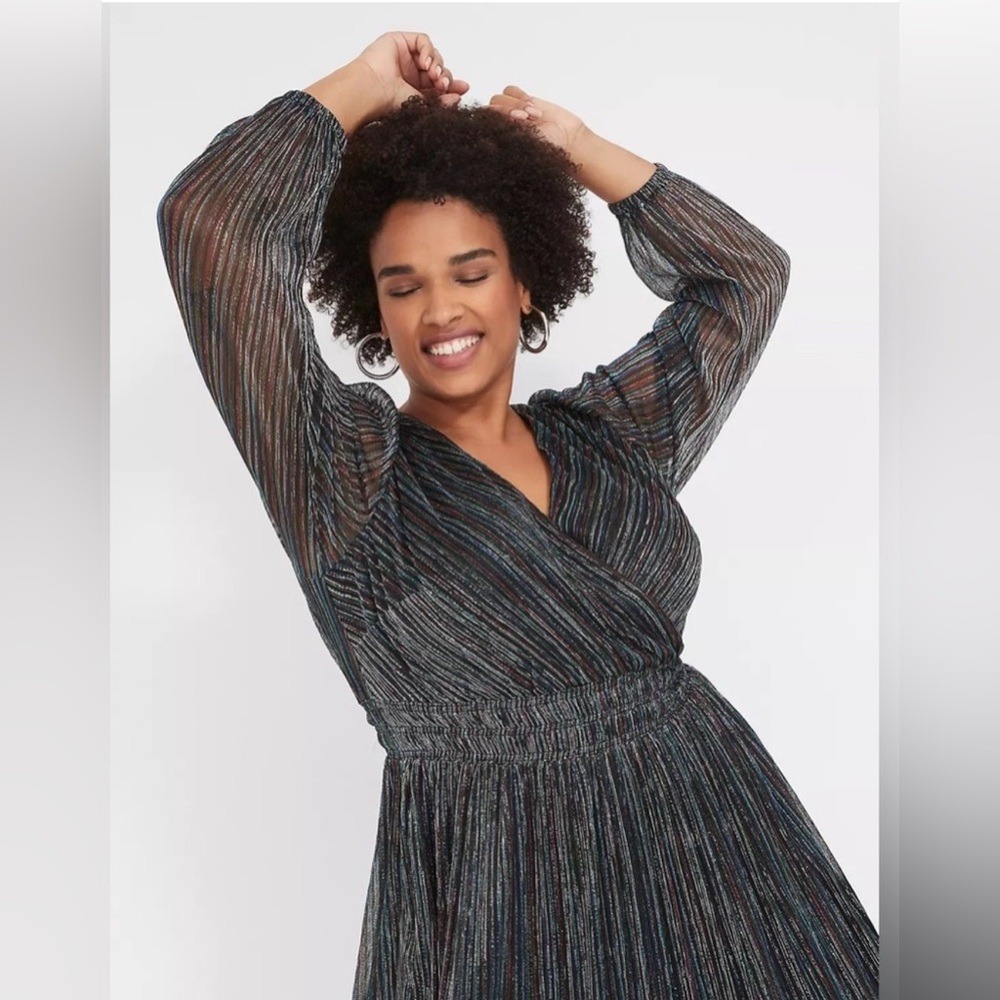 Lane Bryant Metallic Pleated Wrap Midi Dress Multi Color Stripe 14/16 1130976